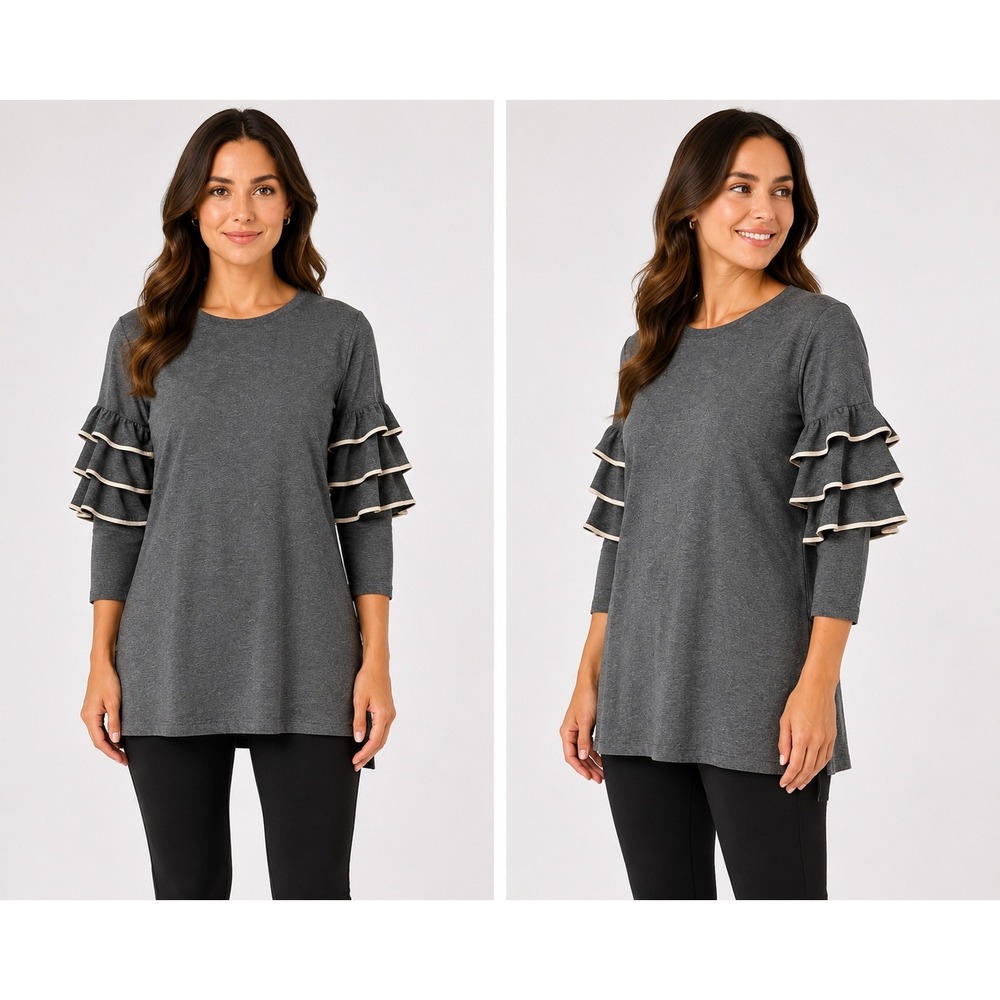 Violet Weekend Womens‎ Gray Ruffle Sleeve Top Crew Neck Tiered Knit Shirt Large